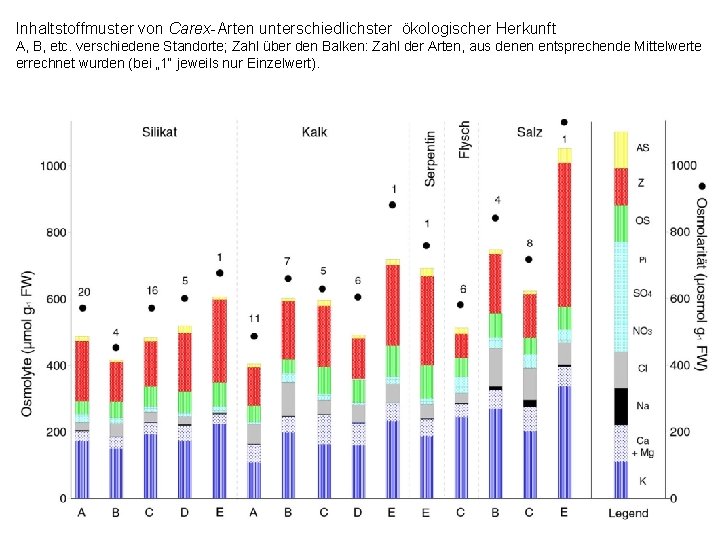 Inhaltstoffmuster von Carex-Arten unterschiedlichster ökologischer Herkunft A, B, etc. verschiedene Standorte; Zahl über den