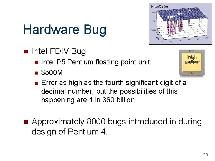 Hardware Bug n Intel FDIV Bug n n Intel P 5 Pentium floating point