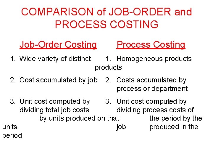 COMPARISON of JOB-ORDER and PROCESS COSTING Job-Order Costing 1. Wide variety of distinct Process COMPARISON of JOB-ORDER and PROCESS COSTING Job-Order Costing 1. Wide variety of distinct Process