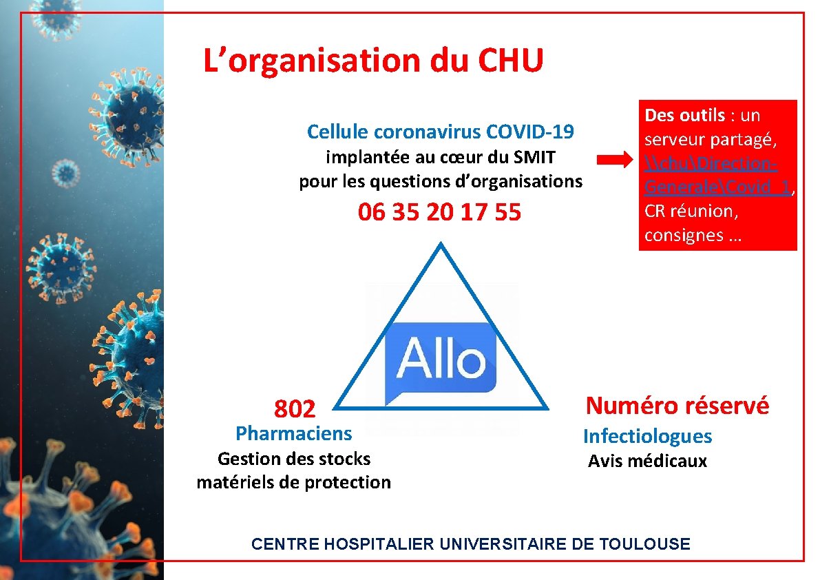 L’organisation du CHU Cellule coronavirus COVID-19 implantée au cœur du SMIT pour les questions