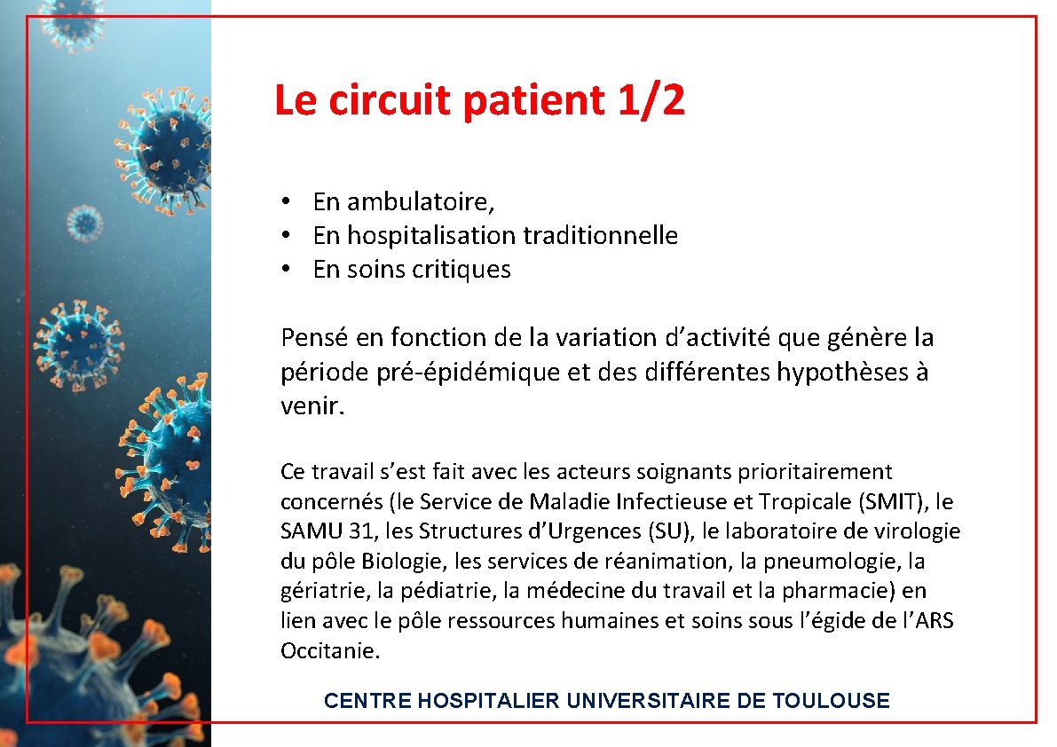 Le circuit patient 1/2 • En ambulatoire, • En hospitalisation traditionnelle • En soins