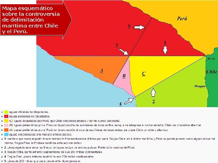 Mapa esquemático sobre la controversia de delimitación marítima entre Chile y el Perú. 