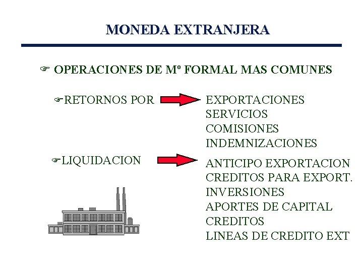 MONEDA EXTRANJERA F OPERACIONES DE Mº FORMAL MAS COMUNES FRETORNOS POR FLIQUIDACION EXPORTACIONES SERVICIOS