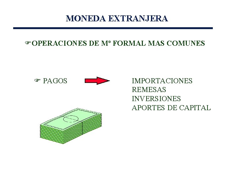 MONEDA EXTRANJERA FOPERACIONES DE Mº FORMAL MAS COMUNES F PAGOS IMPORTACIONES REMESAS INVERSIONES APORTES