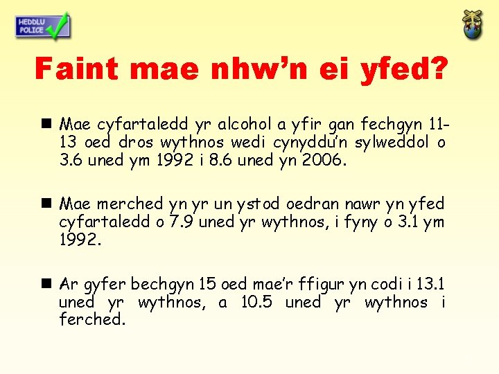 Faint mae nhw’n ei yfed? n Mae cyfartaledd yr alcohol a yfir gan fechgyn