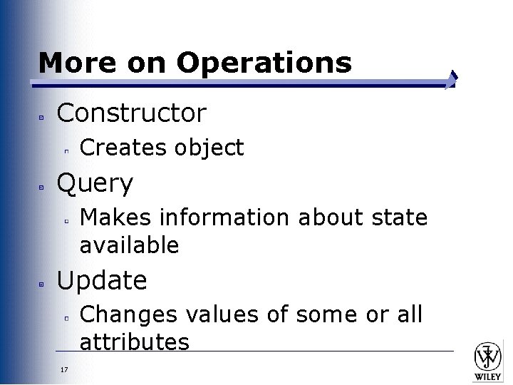 More on Operations Constructor Creates object Query Makes information about state available Update Changes