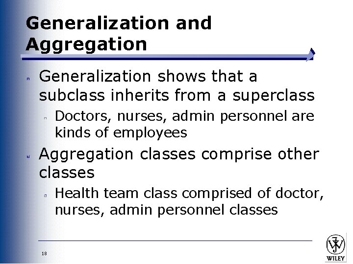 Generalization and Aggregation Generalization shows that a subclass inherits from a superclass Doctors, nurses,