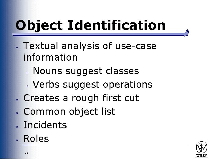 Object Identification Textual analysis of use-case information Nouns suggest classes Verbs suggest operations Creates