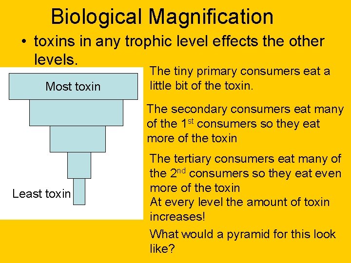 Biological Magnification • toxins in any trophic level effects the other levels. Most toxin