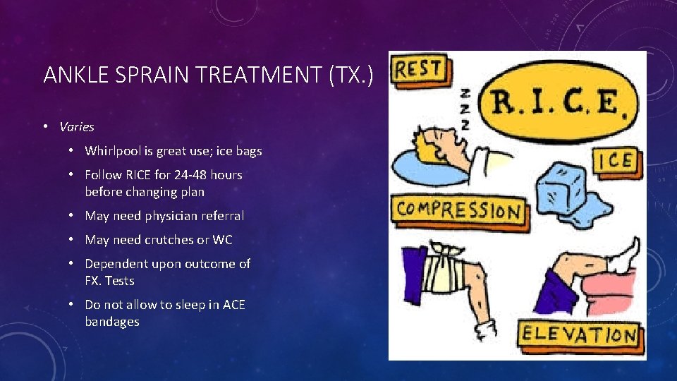 ANKLE SPRAIN TREATMENT (TX. ) • Varies • Whirlpool is great use; ice bags