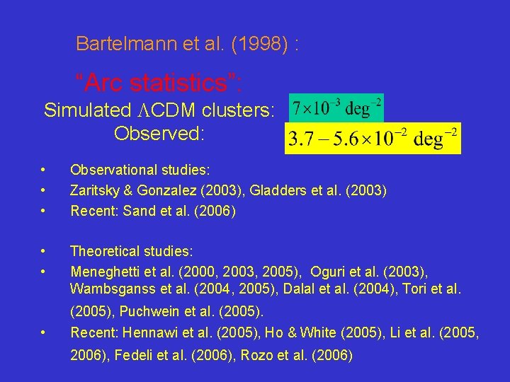 Bartelmann et al. (1998) : “Arc statistics”: Simulated LCDM clusters: Observed: • • •