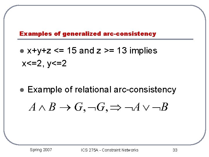 Examples of generalized arc-consistency x+y+z <= 15 and z >= 13 implies x<=2, y<=2