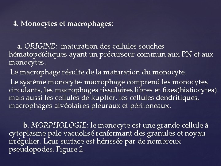 4. Monocytes et macrophages: a. ORIGINE: maturation des cellules souches hématopoïétiques ayant un précurseur