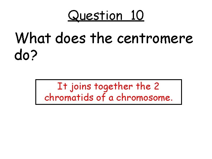 Question 10 What does the centromere do? It joins together the 2 chromatids of