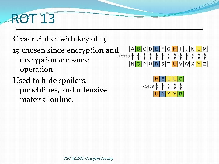 ROT 13 Cæsar cipher with key of 13 13 chosen since encryption and decryption