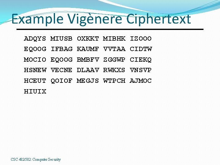 Example Vigènere Ciphertext ADQYS EQOOG MOCIO HSNEW HCEUT HIUIX MIUSB IFBAG EQOOG VECNE QOIOF