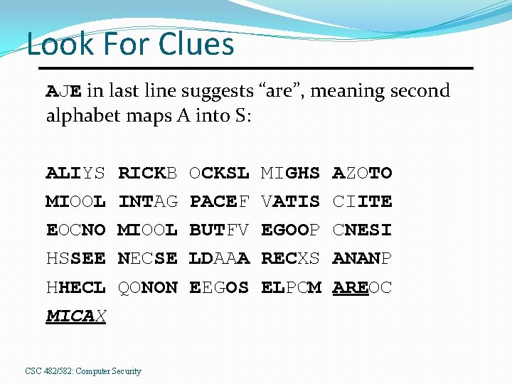 Look For Clues AJE in last line suggests “are”, meaning second alphabet maps A