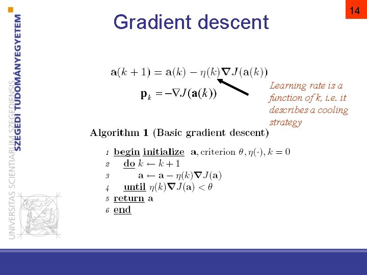 14 Gradient descent Learning rate is a function of k, i. e. it describes