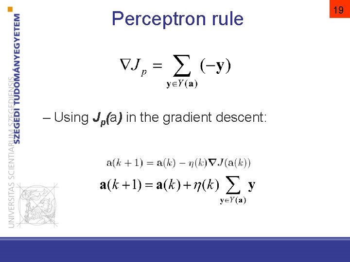 Perceptron rule – Using Jp(a) in the gradient descent: 19 