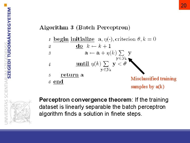 20 Misclassified training samples by a(k) Perceptron convergence theorem: If the training dataset is