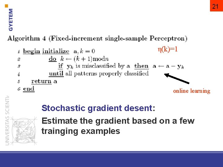 21 η(k)=1 online learning Stochastic gradient desent: Estimate the gradient based on a few