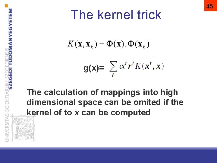 The kernel trick g(x)= The calculation of mappings into high dimensional space can be