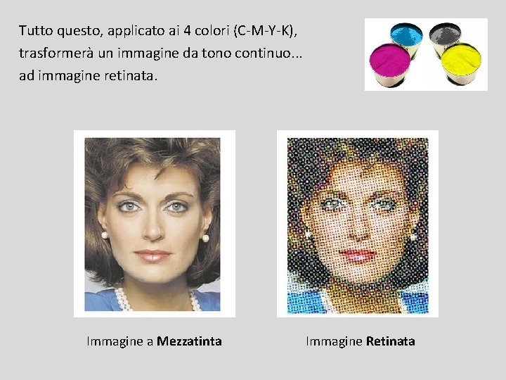 Tutto questo, applicato ai 4 colori (C-M-Y-K), trasformerà un immagine da tono continuo. .