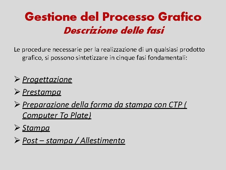 Gestione del Processo Grafico Descrizione delle fasi Le procedure necessarie per la realizzazione di