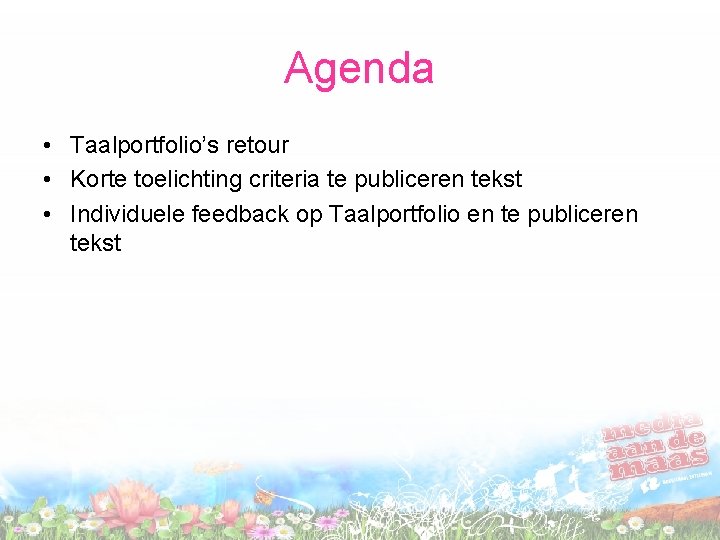 Agenda • Taalportfolio’s retour • Korte toelichting criteria te publiceren tekst • Individuele feedback