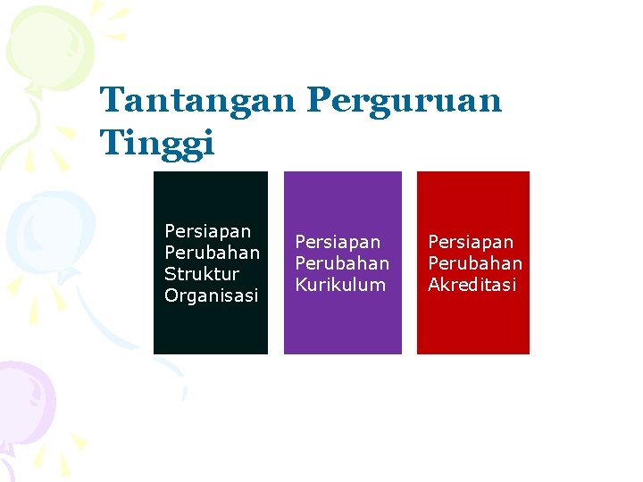 Tantangan Perguruan Tinggi Persiapan Perubahan Struktur Organisasi Persiapan Perubahan Kurikulum Persiapan Perubahan Akreditasi 