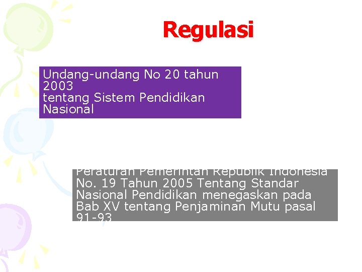 Regulasi Undang-undang No 20 tahun 2003 tentang Sistem Pendidikan Nasional Peraturan Pemerintah Republik Indonesia