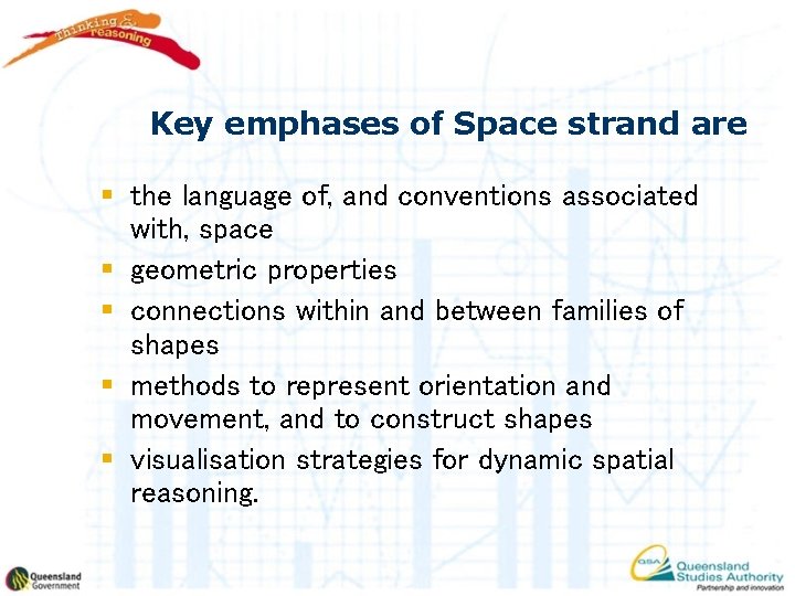 Key emphases of Space strand are § the language of, and conventions associated with,