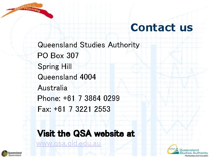 Contact us Queensland Studies Authority PO Box 307 Spring Hill Queensland 4004 Australia Phone:
