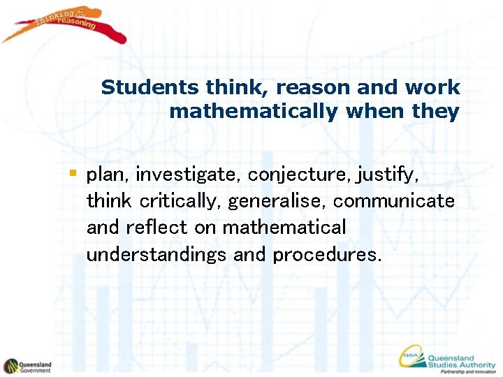 Students think, reason and work mathematically when they § plan, investigate, conjecture, justify, think