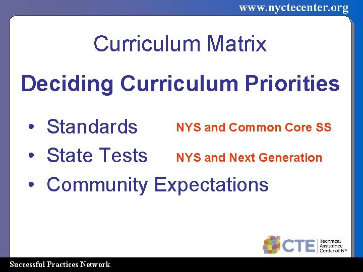 www. nyctecenter. org Curriculum Matrix Deciding Curriculum Priorities NYS and Common Core SS •