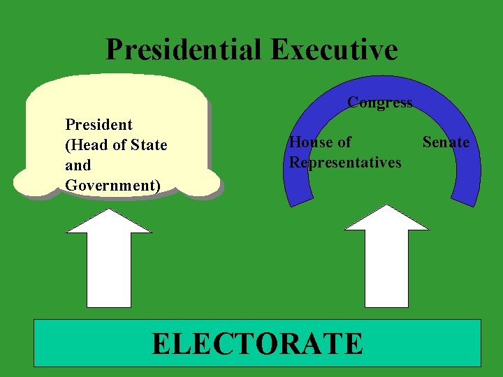 Presidential Executive Congress President (Head of State and Government) House of Representatives ELECTORATE Senate