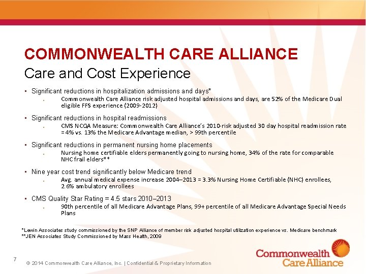 COMMONWEALTH CARE ALLIANCE Care and Cost Experience • Significant reductions in hospitalization admissions and