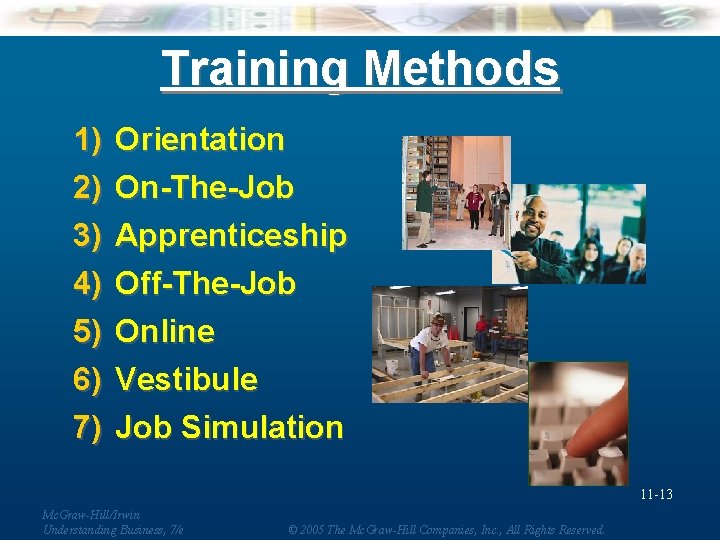 Training Methods 1) 2) 3) 4) 5) 6) 7) Orientation On-The-Job Apprenticeship Off-The-Job Online