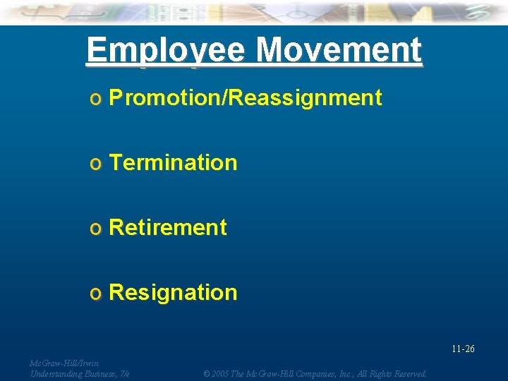 Employee Movement o Promotion/Reassignment o Termination o Retirement o Resignation 11 -26 Mc. Graw-Hill/Irwin