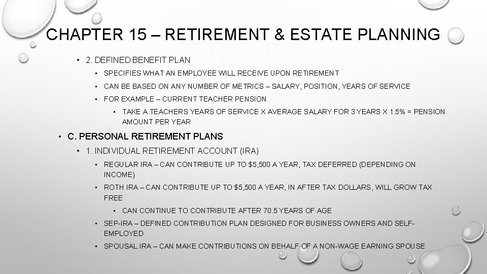 CHAPTER 15 – RETIREMENT & ESTATE PLANNING • 2. DEFINED BENEFIT PLAN • SPECIFIES