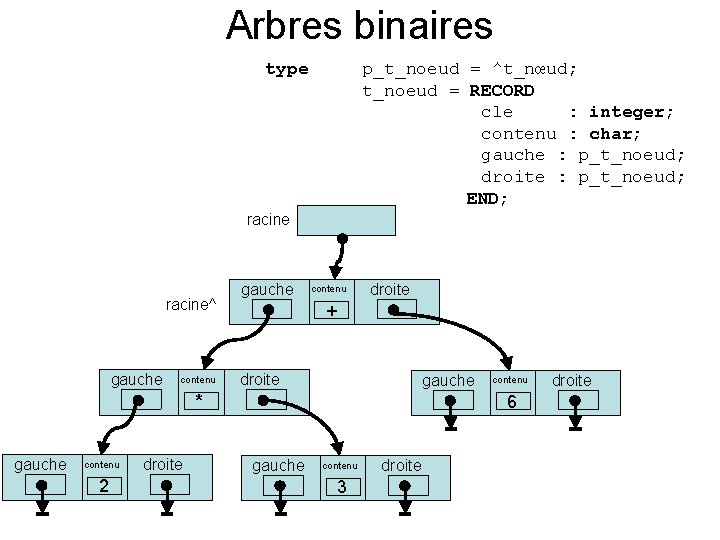 Arbres binaires type p_t_noeud = ^t_nœud; t_noeud = RECORD cle : integer; contenu :