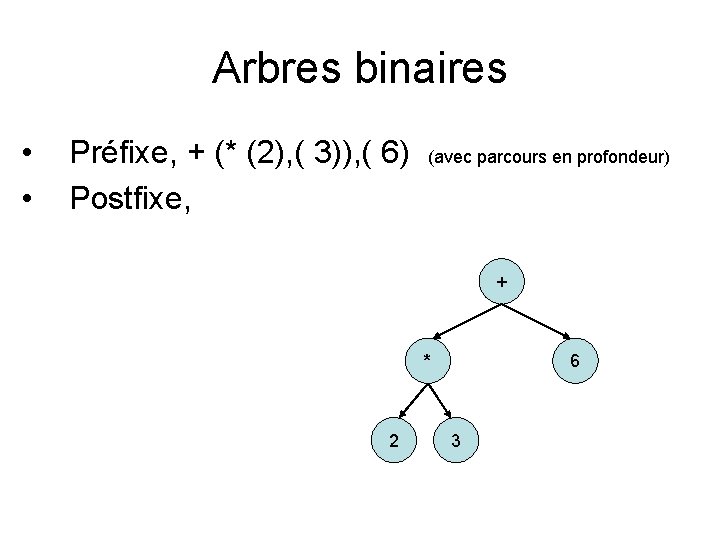 Arbres binaires • • Préfixe, + (* (2), ( 3)), ( 6) Postfixe, (avec