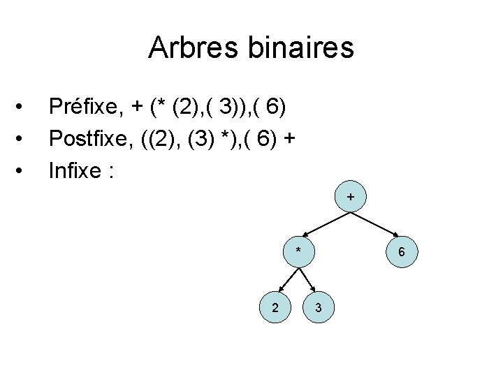 Arbres binaires • • • Préfixe, + (* (2), ( 3)), ( 6) Postfixe,