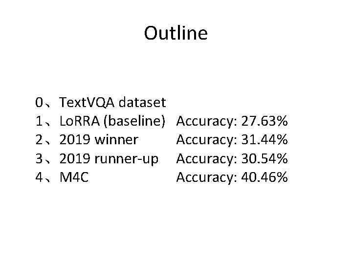 Outline 0、Text. VQA dataset 1、Lo. RRA (baseline) 2、2019 winner 3、2019 runner-up 4、M 4 C