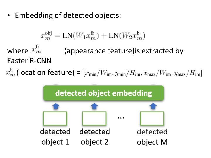  • Embedding of detected objects: where (appearance feature)is extracted by Faster R-CNN (location