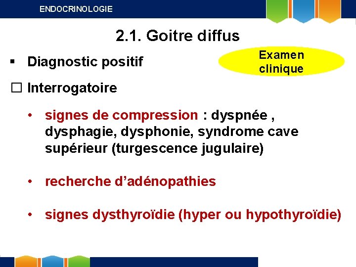 ENDOCRINOLOGIE 2. 1. Goitre diffus § Diagnostic positif Examen clinique � Interrogatoire • signes