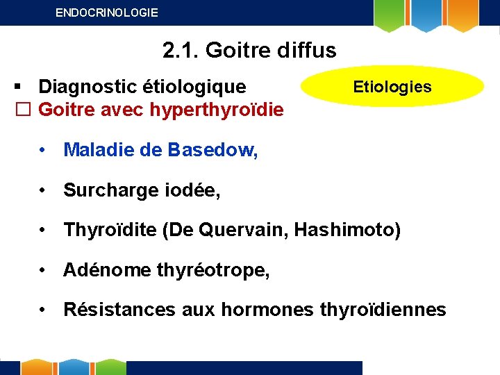 ENDOCRINOLOGIE 2. 1. Goitre diffus § Diagnostic étiologique � Goitre avec hyperthyroïdie Etiologies •