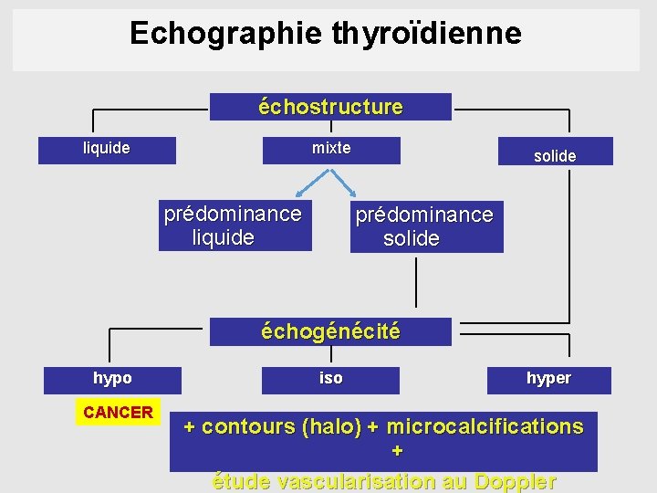 Echographie thyroïdienne échostructure liquide mixte prédominance liquide solide prédominance solide échogénécité hypo CANCER iso