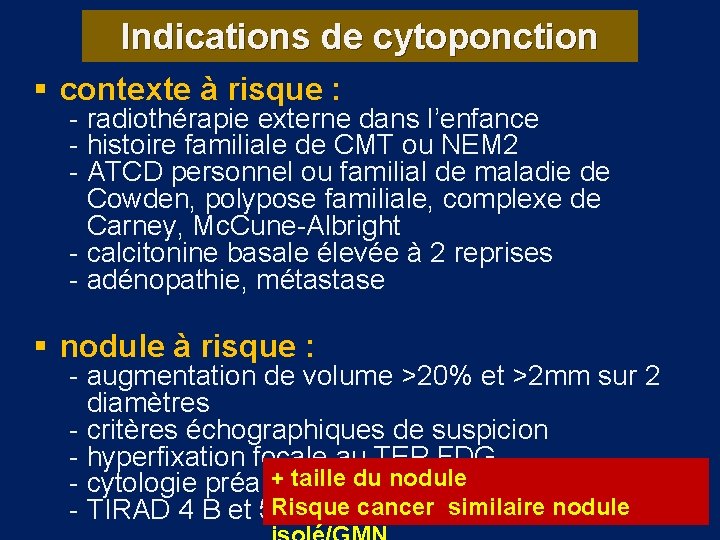 Indications de cytoponction § contexte à risque : - radiothérapie externe dans l’enfance -