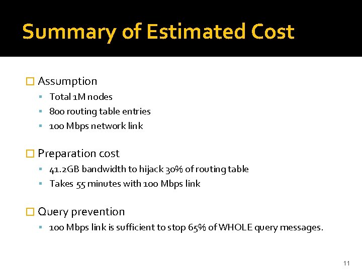 Summary of Estimated Cost � Assumption Total 1 M nodes 800 routing table entries